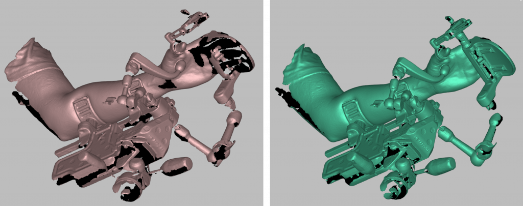 Vergleich schlechter 3D-Scan (mit Lücken an anatomisch wichtigen Stellen) und guter 3D-Scan (geschlossen, wichtige Bereiche wie die Handinnenfläche sind komplett erfasst)