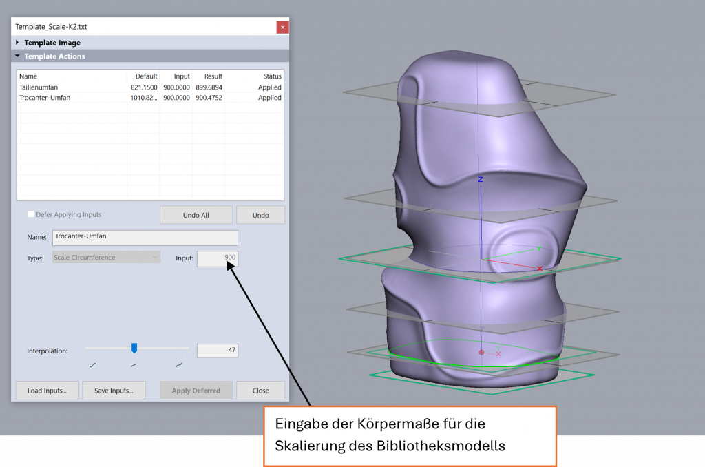 Eingabe der Körpermaße für die Skalierung des Bibliotheksmodells in Geomagic Freeform