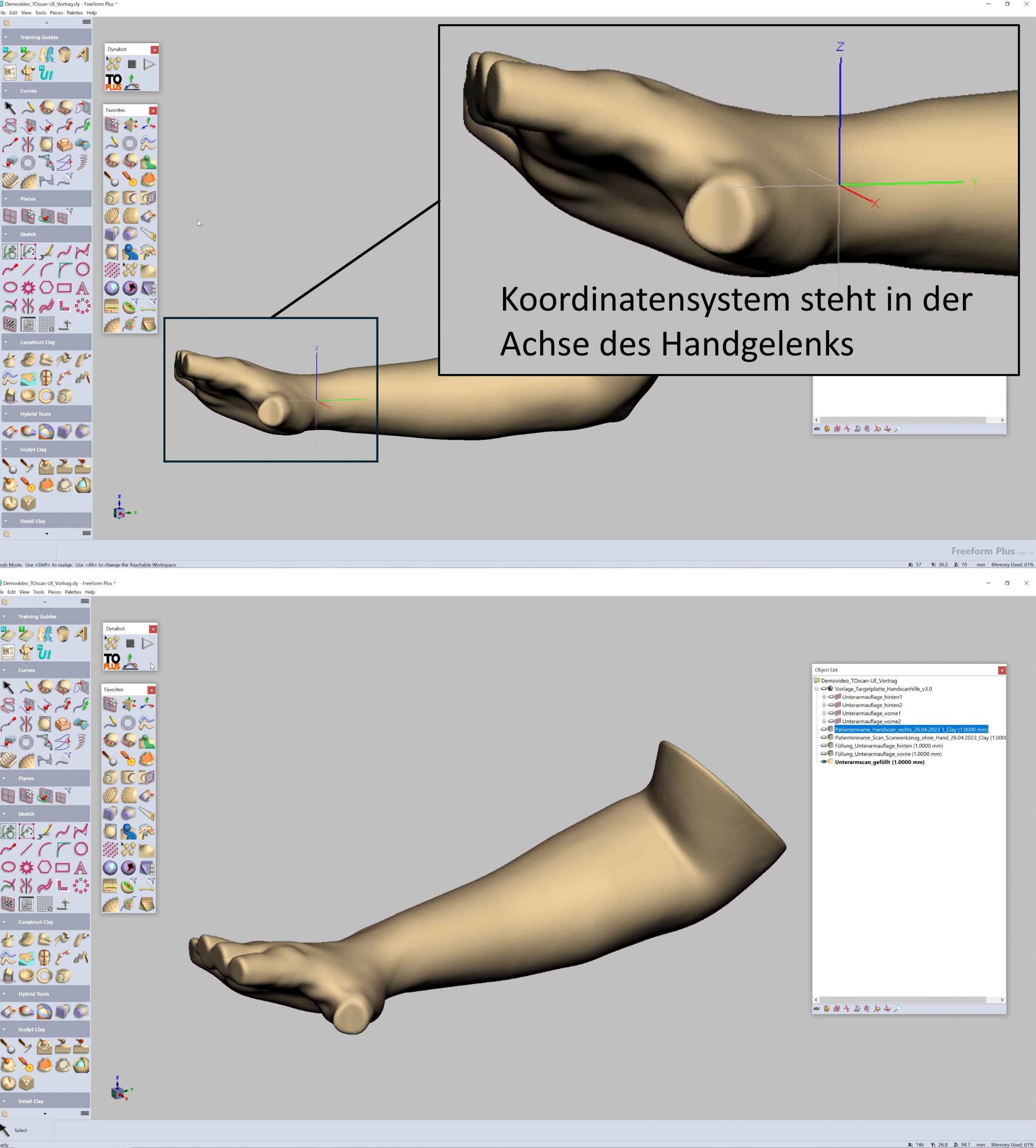 Positionierung des modellierten Handmodells mit dem Koordinatensystem in der Handgelenkachse