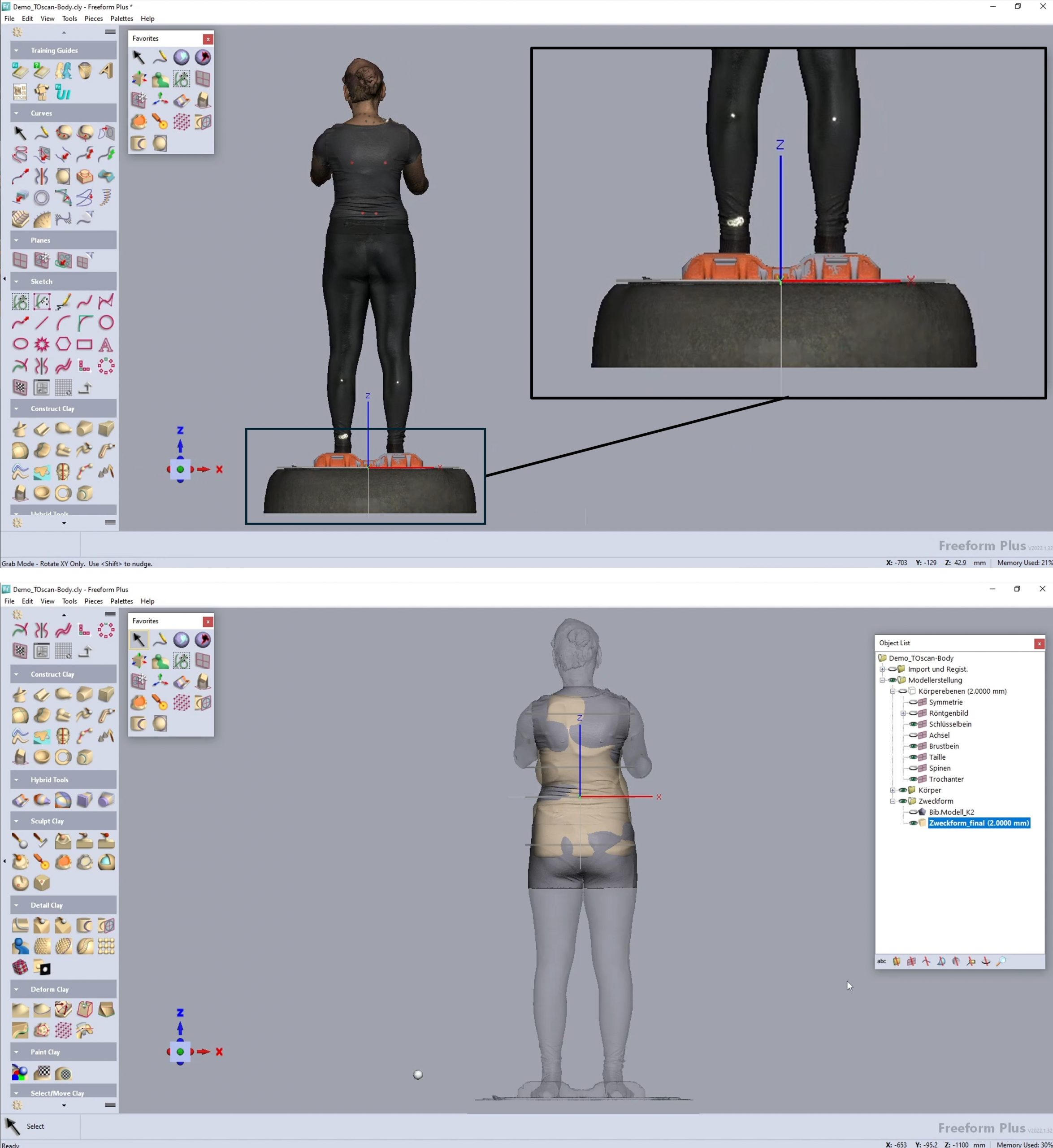 Importierter Körperscan auf dem Scanwerkzeug TOscan-Body in Geomagic Freeform