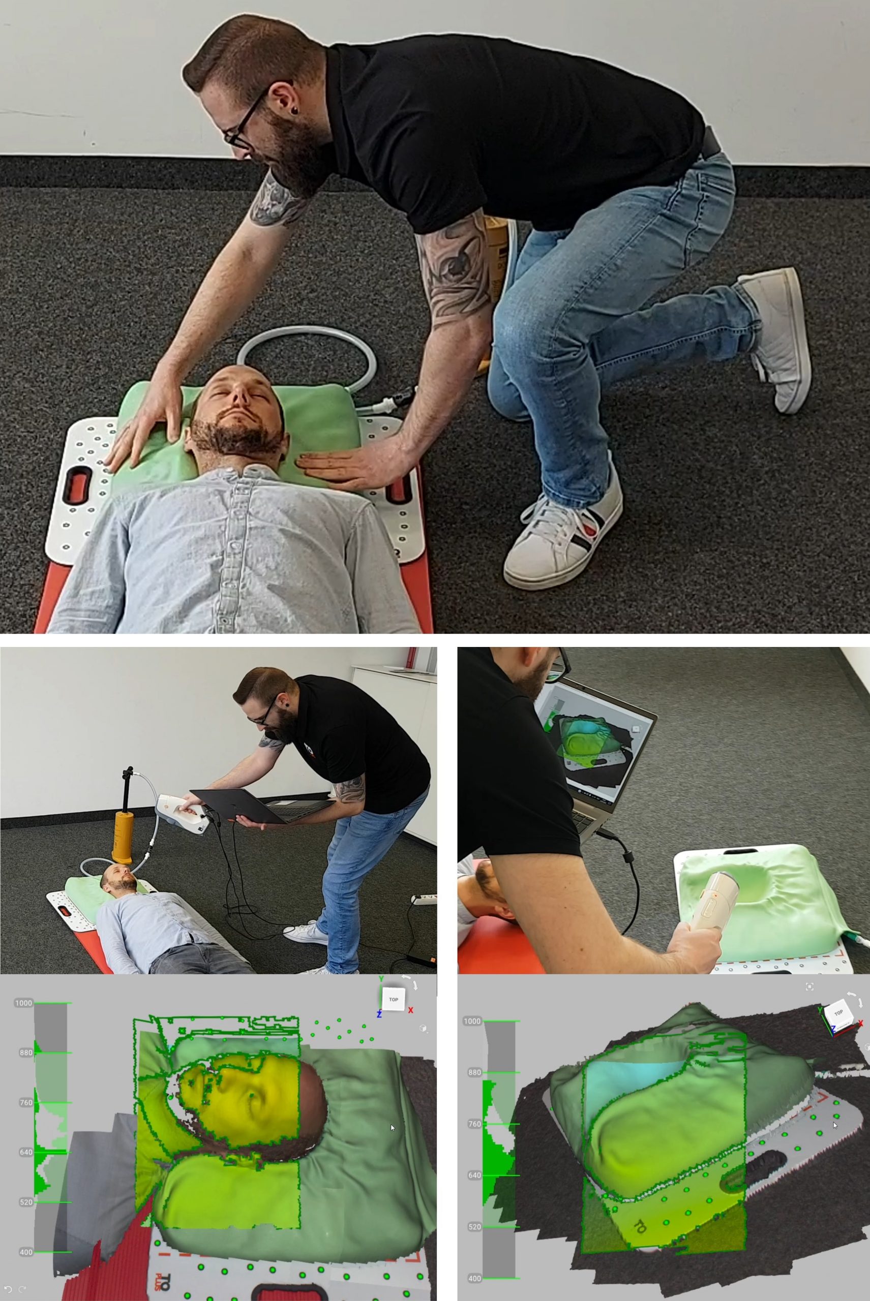 Positionierung des Patienten auf dem Scanwerkzeug TOscan-Head und anschließender 3D-Scan