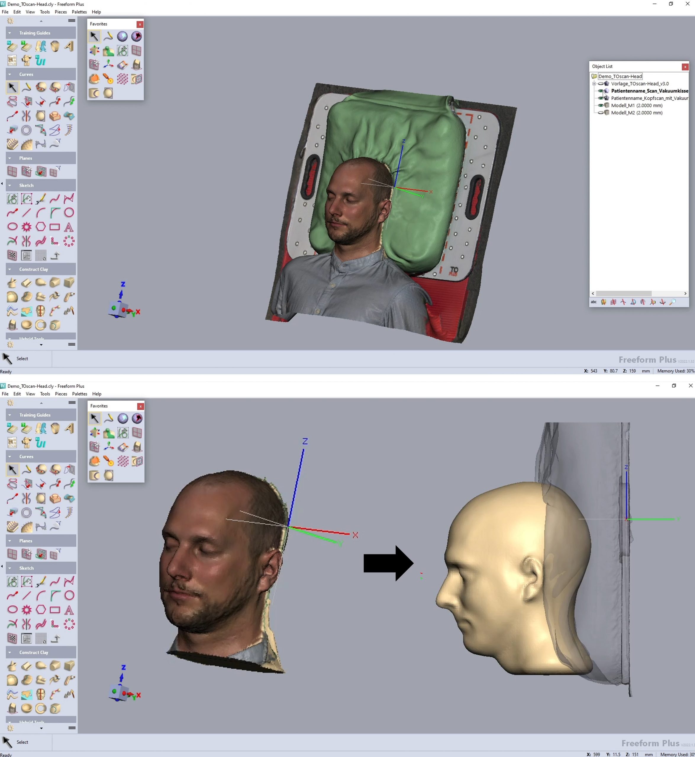 Importierter und modellierter 3D-Scan des Kopfes in der Software Geomagic Freeform